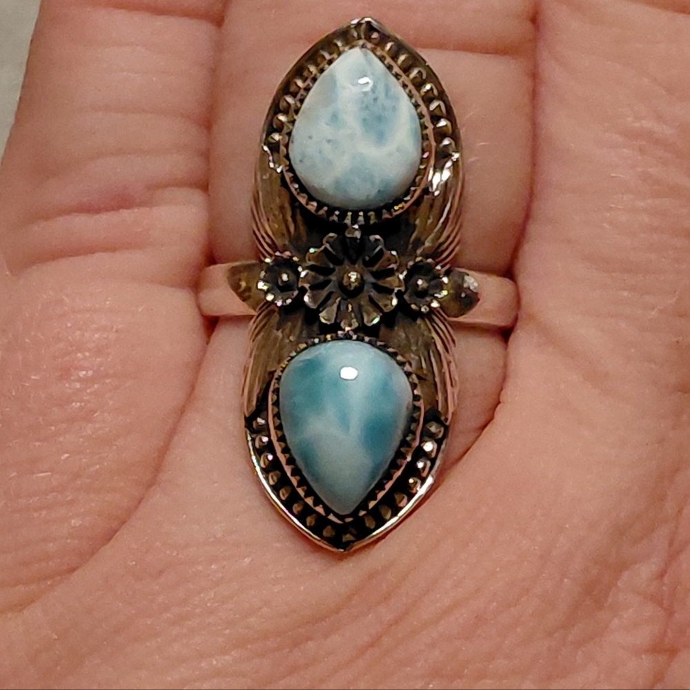 Double Stone Larimar Sterling Silver Statement Ring